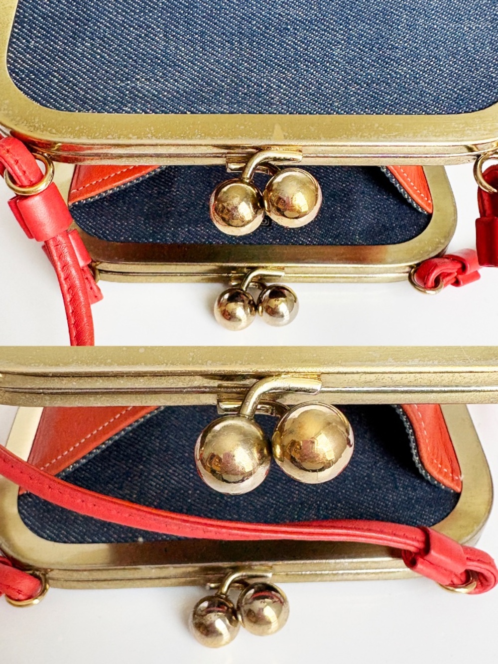 1970s Bonnie Cashin for Coach Red Leather Denim Double Entry Swinger Bag Rare - Picture 12 of 17